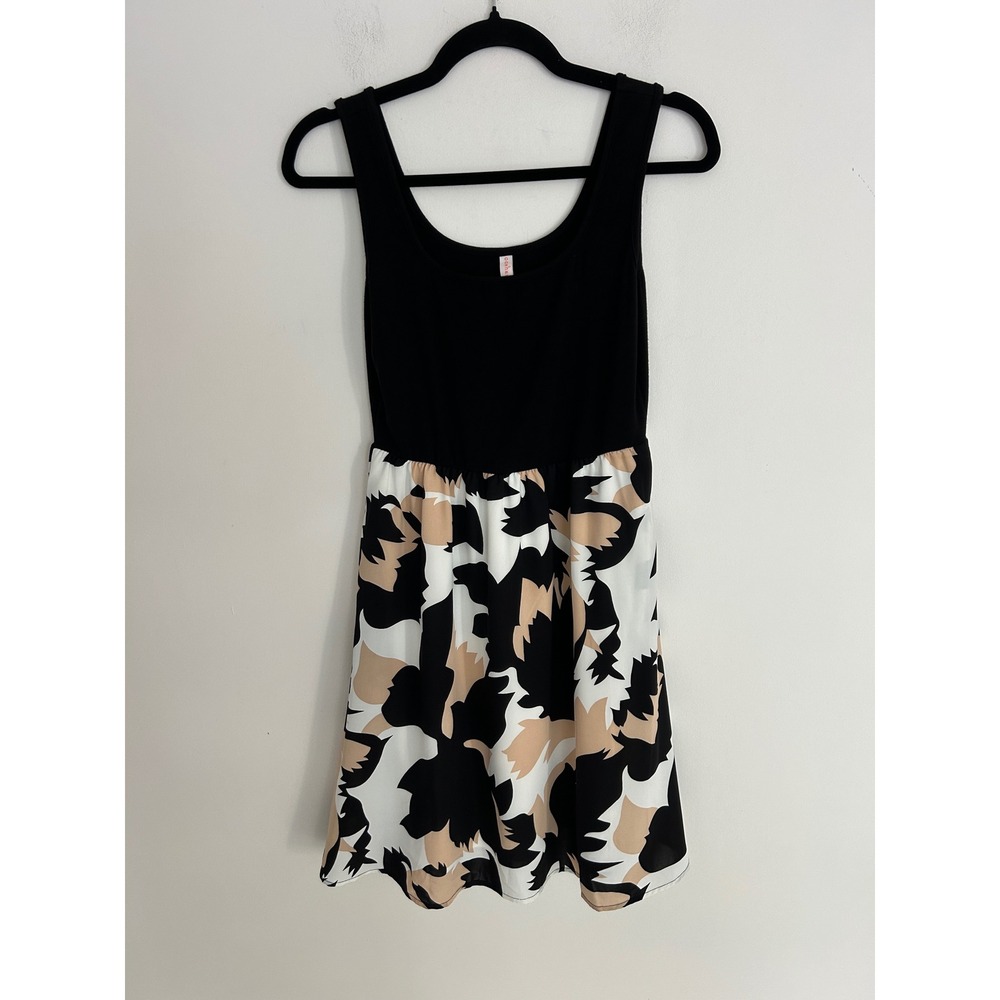 KIRUNDO Womens Black Abstract Floral Sleeveless Fit and Flare Mini Dress Small‎